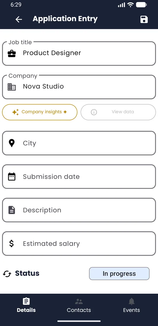 Application Entry screen with the Job title and Company fields filled in