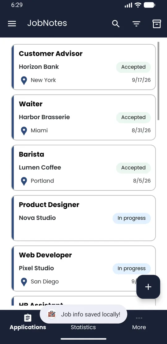 Application list showing the new application after saving