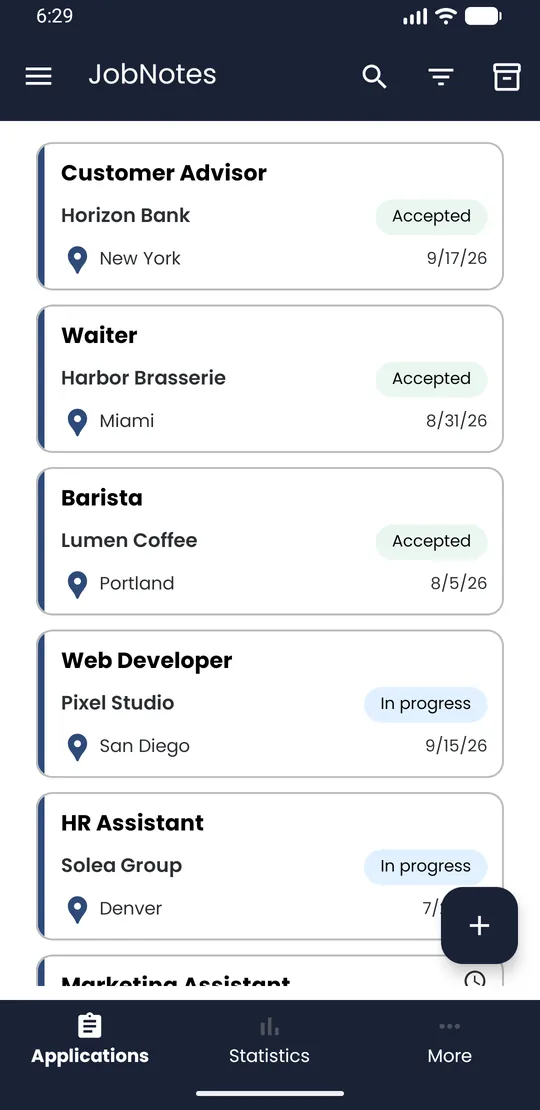 JobNotes Applications list, one application card highlighted