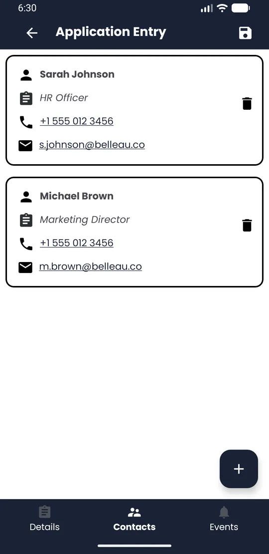 Application screen with the Contacts tab selected in the bottom bar