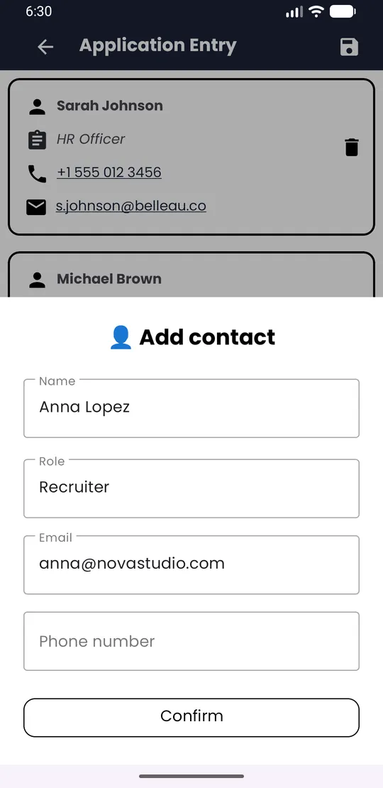 Add contact form with Name, Role, Email and Phone number