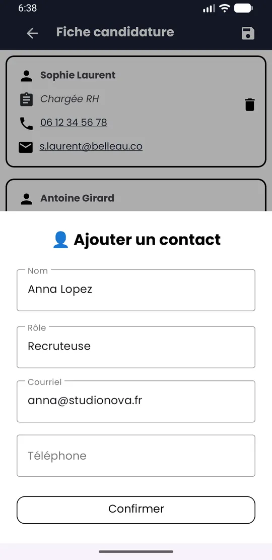Formulaire Ajouter un contact avec Nom, Rôle, Courriel et Téléphone