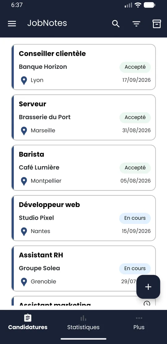Liste des candidatures JobNotes avec le bouton + en bas à droite