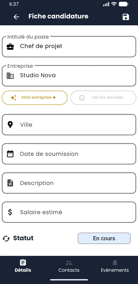 Fiche candidature avec l'intitulé du poste et l'entreprise remplis