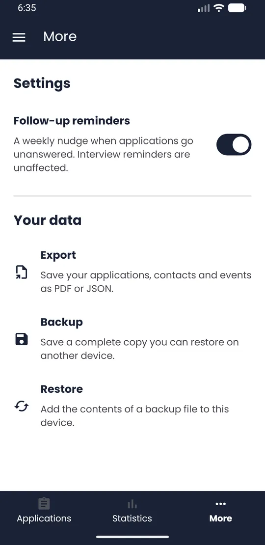 More tab with the Your data section: Export, Backup, Restore