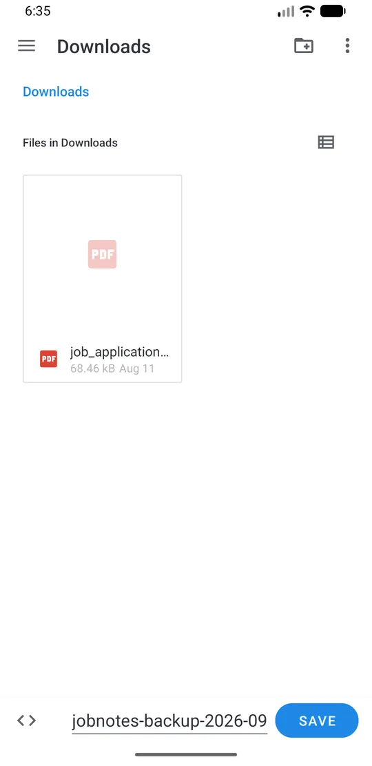 Android save screen with the file jobnotes-backup-date.json