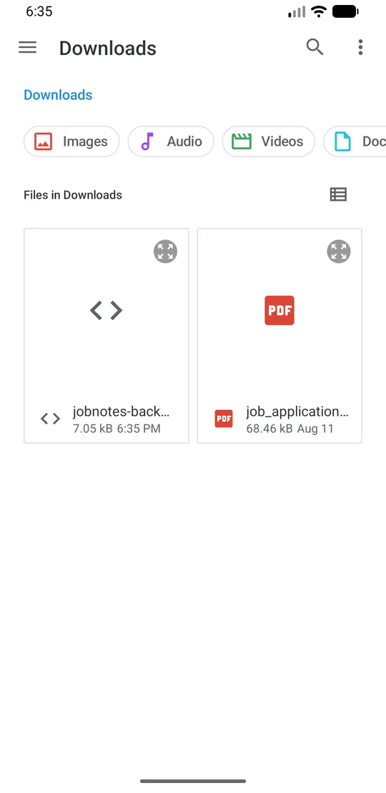 Android file picker showing the JobNotes backup file