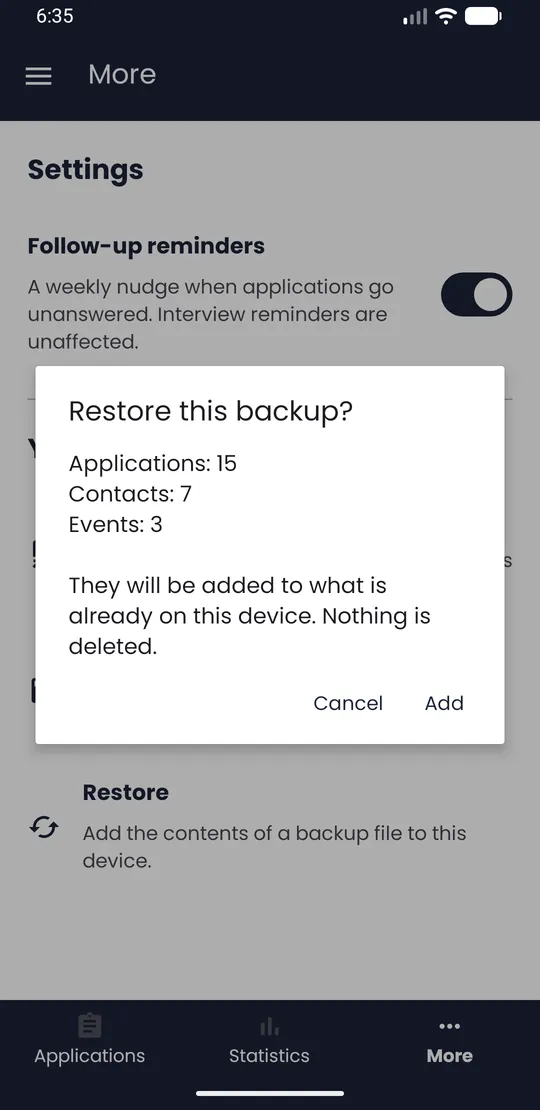 Restore this backup? dialog with the number of applications, contacts and events