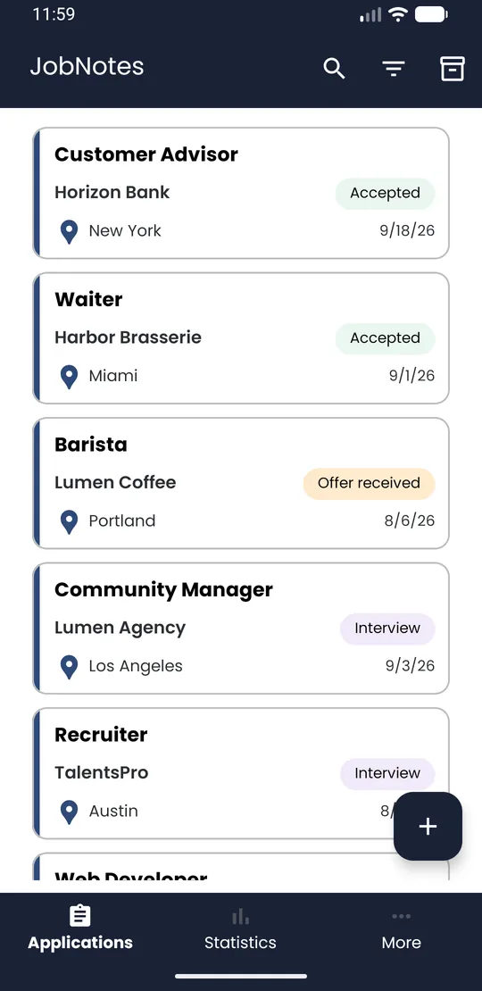 JobNotes Applications list, one application card highlighted