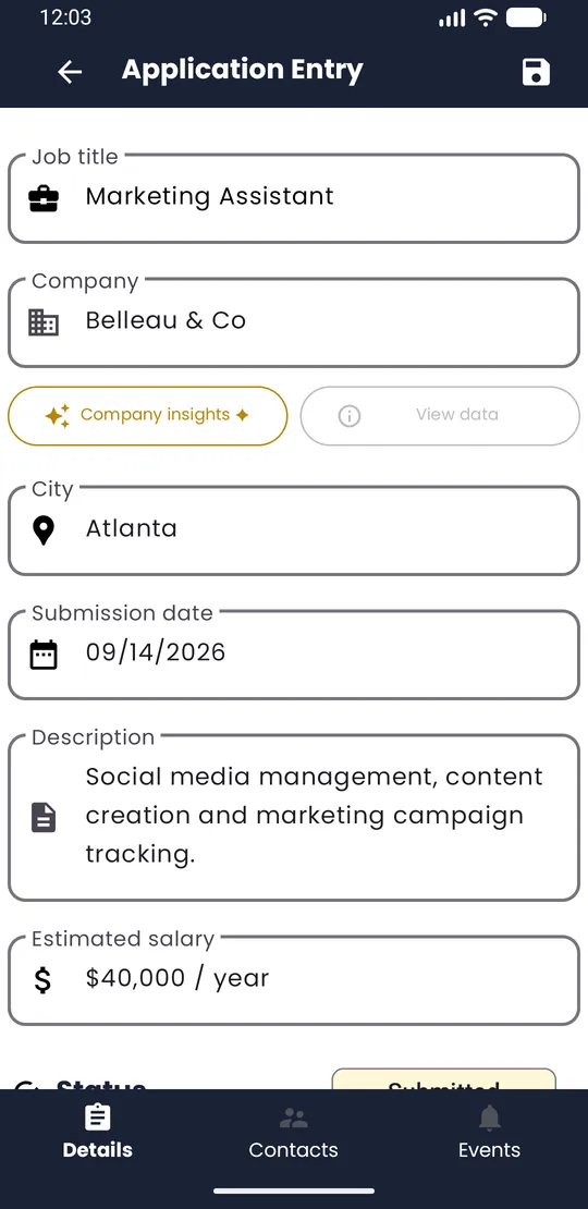 Application Entry screen with the status chip next to Status