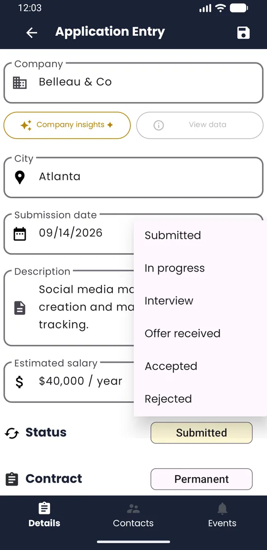 Status menu open with Accepted, Submitted, In progress and Rejected