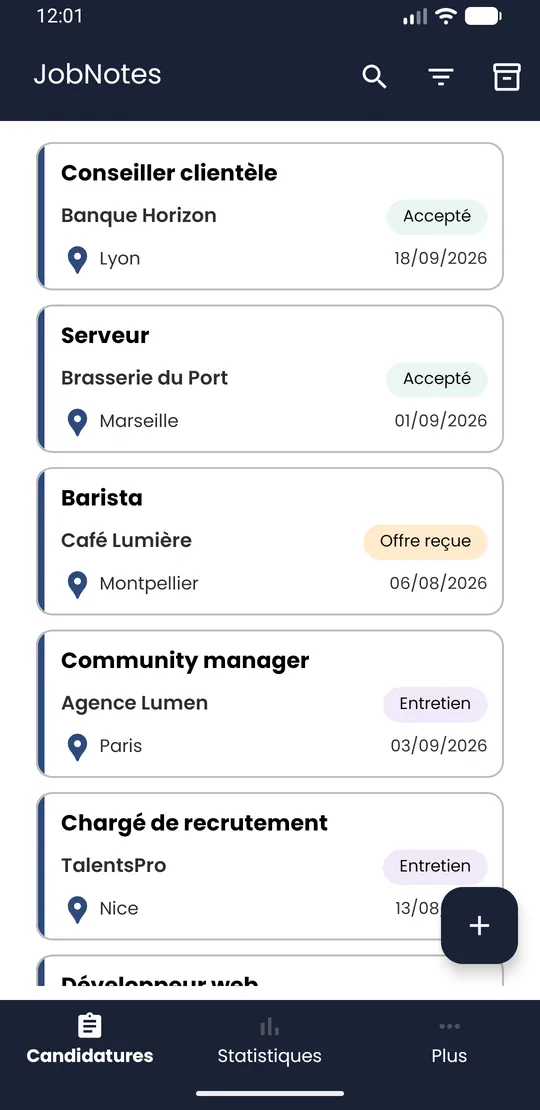 Liste des candidatures JobNotes, une carte mise en évidence