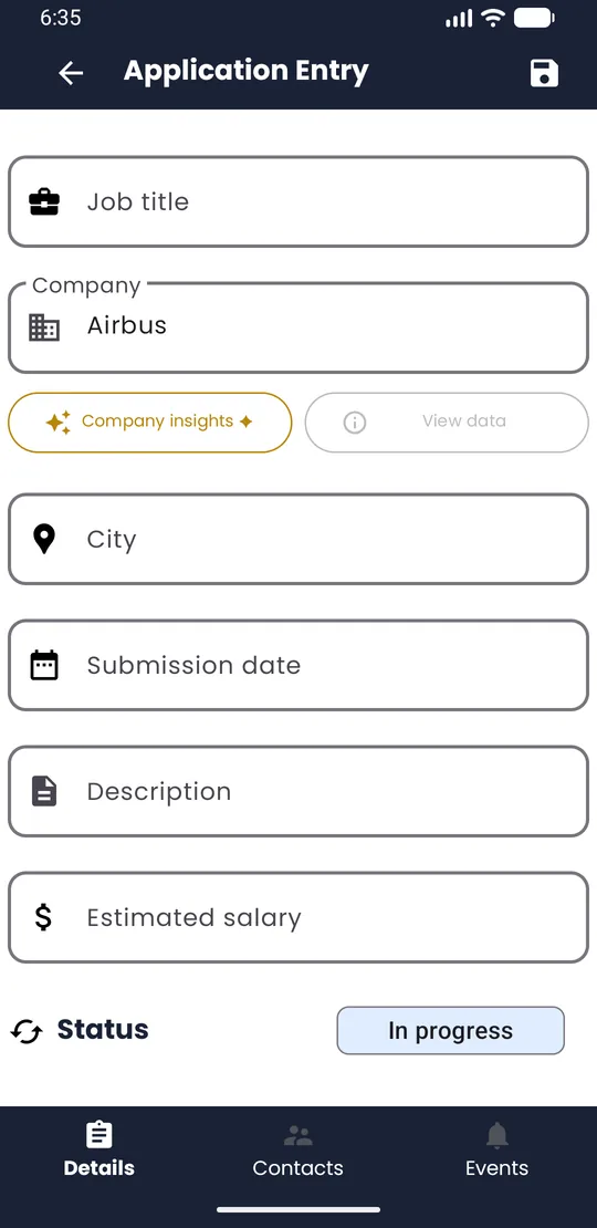 Application Entry screen with the Company field filled in