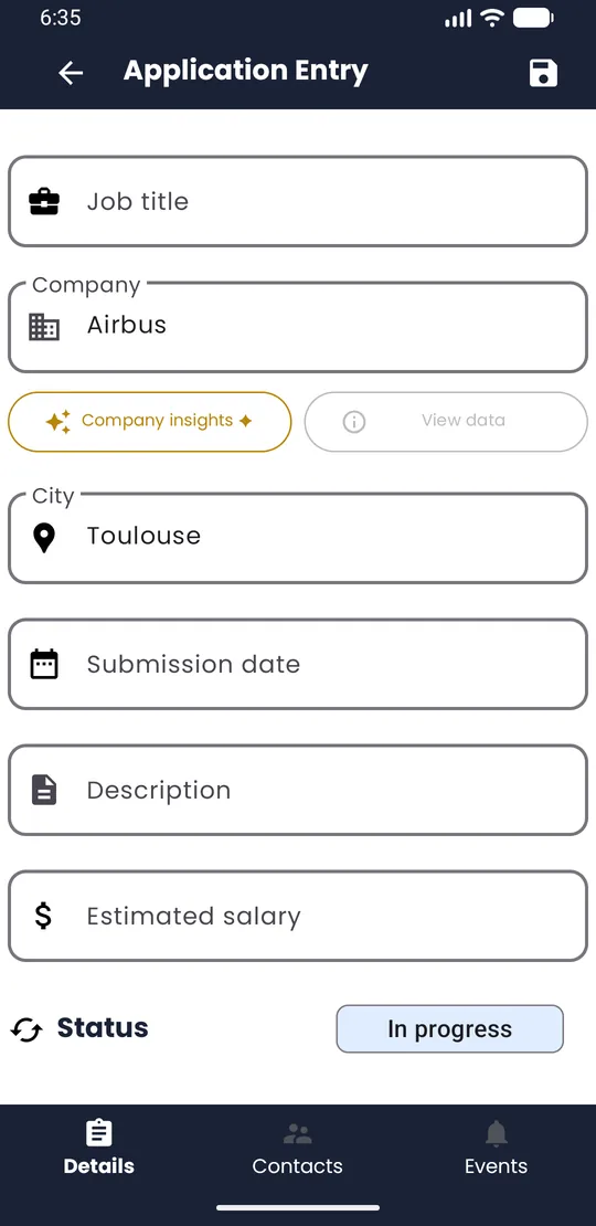 Company insights button below the Company field