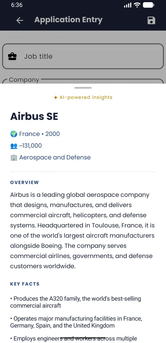 Company insights sheet with the overview and key facts
