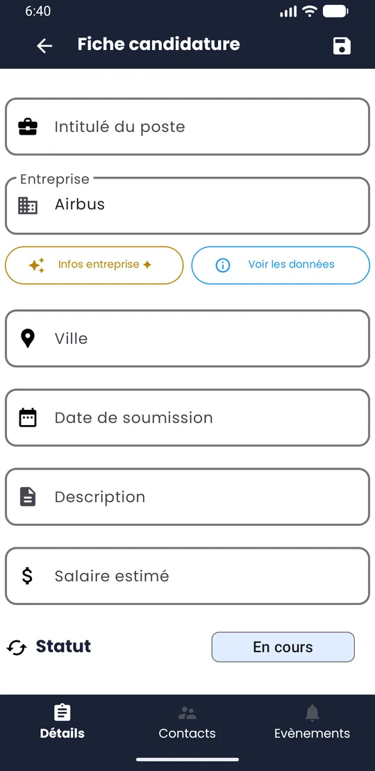 Fiche candidature avec le champ Entreprise rempli