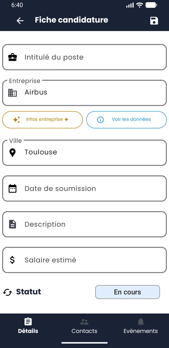 Bouton Infos entreprise sous le champ Entreprise