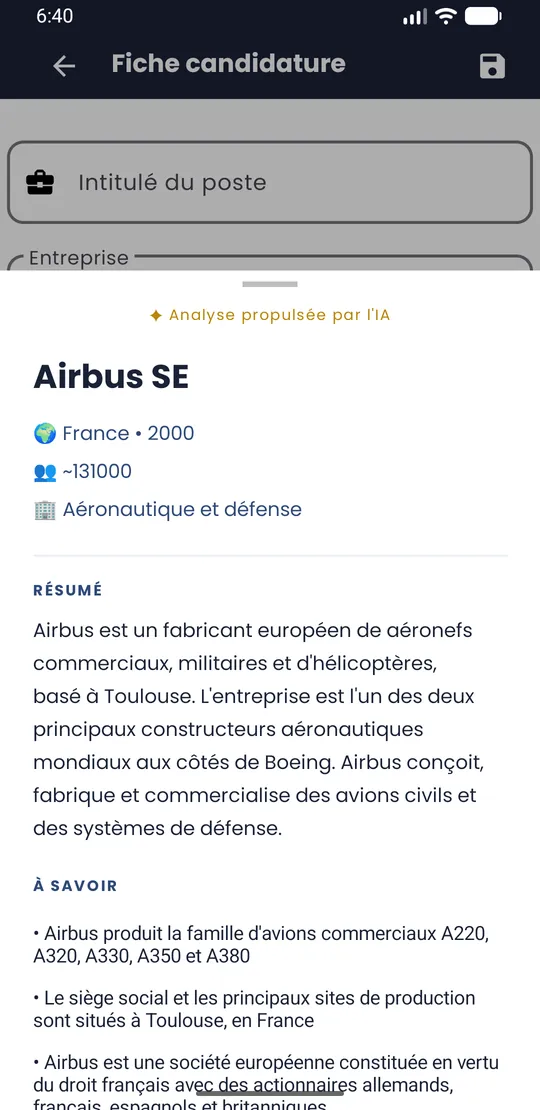 Fenêtre Infos entreprise avec l'aperçu et les faits clés
