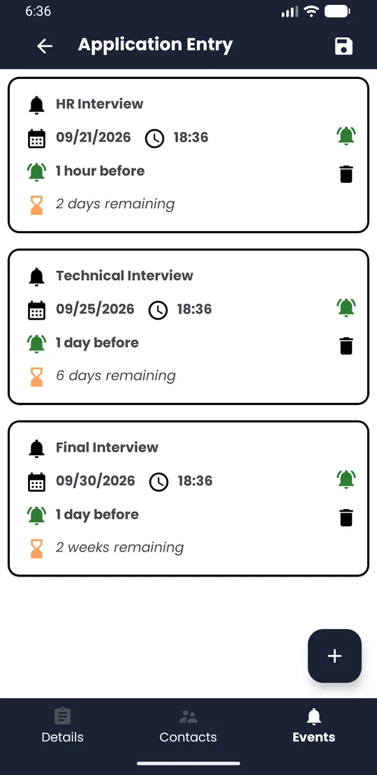 Application screen with the Events tab selected in the bottom bar