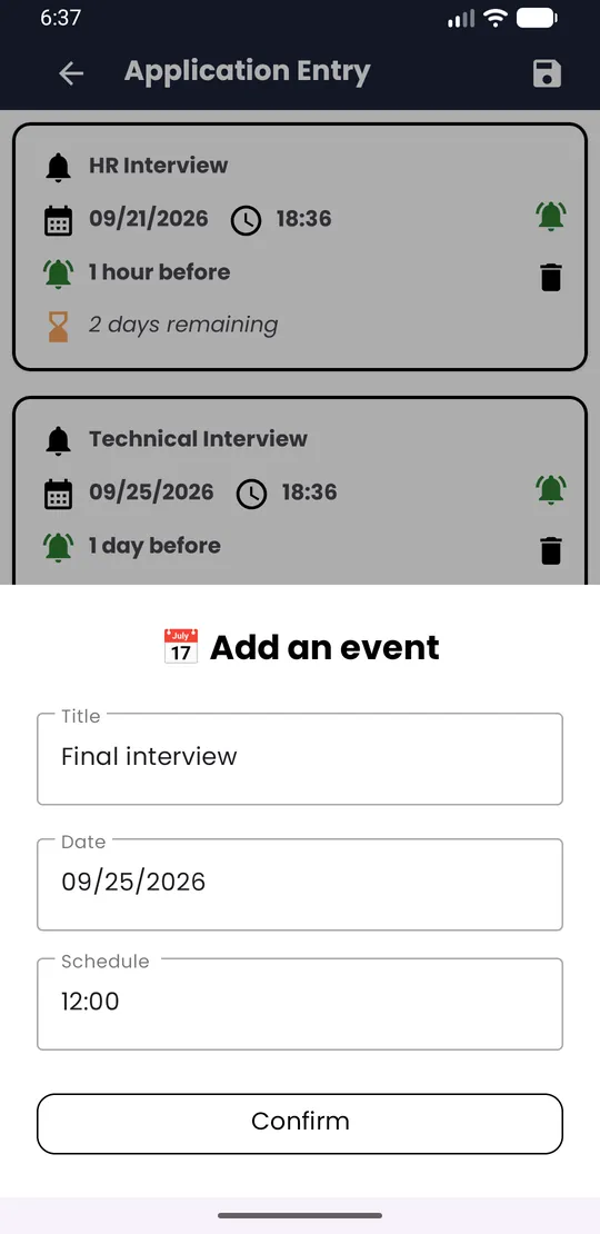 Add an event form with Title, Date and Schedule filled in