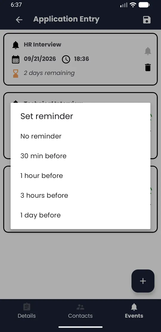 Set reminder dialog with the 30 min, 1 hour, 3 hours and 1 day options