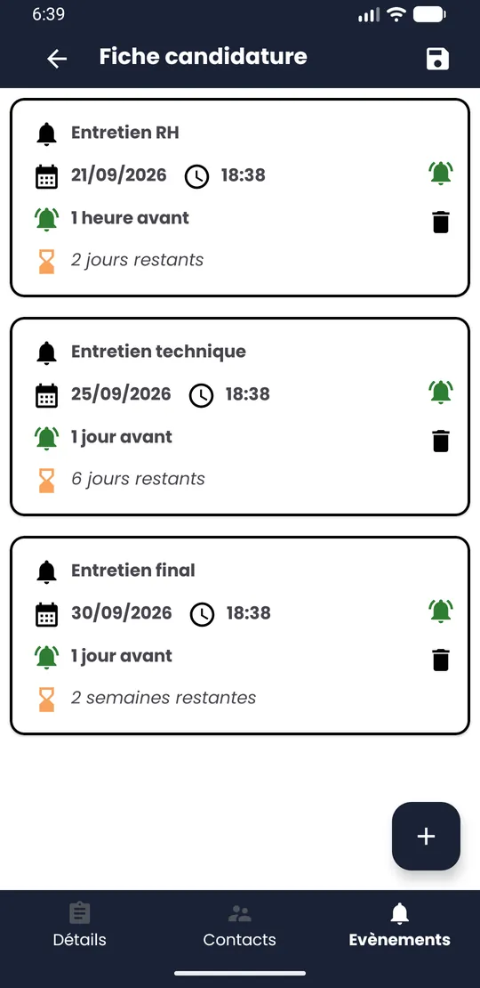 Fiche candidature avec l'onglet Evènements sélectionné dans la barre du bas