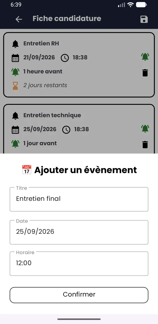 Formulaire Ajouter un évènement avec Titre, Date et Horaire remplis