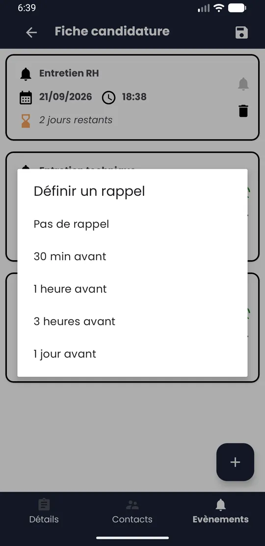 Fenêtre Définir un rappel avec les choix 30 min, 1 heure, 3 heures et 1 jour
