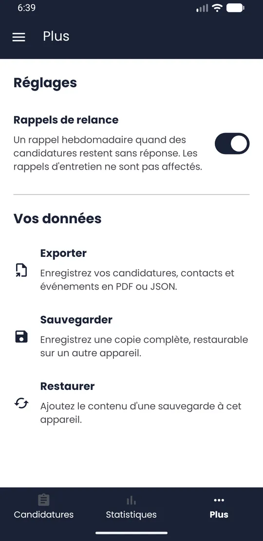 Onglet Plus avec la section Vos données : Exporter, Sauvegarder, Restaurer
