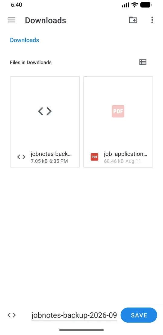 Écran d'enregistrement Android avec le fichier jobnotes-backup-date.json