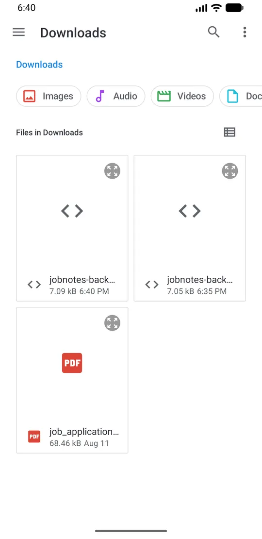 Sélecteur de fichiers Android affichant la sauvegarde JobNotes