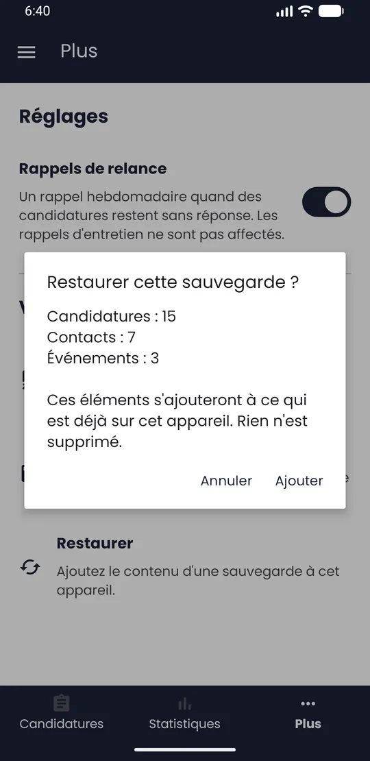 Fenêtre Restaurer cette sauvegarde ? avec le nombre de candidatures, contacts et événements